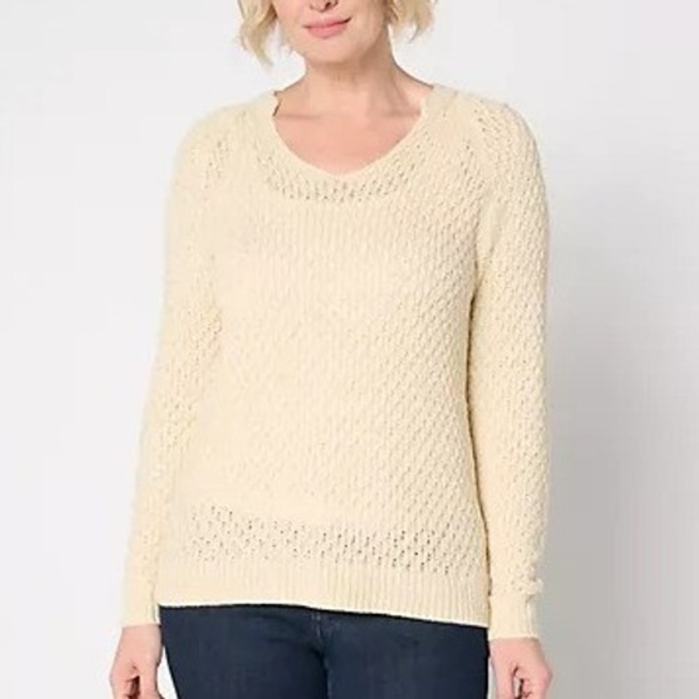 BEAUTIFUL Lawrence Zarian Small Soft Sand V-Neck Novelty Stitch Sweater‎ A682073